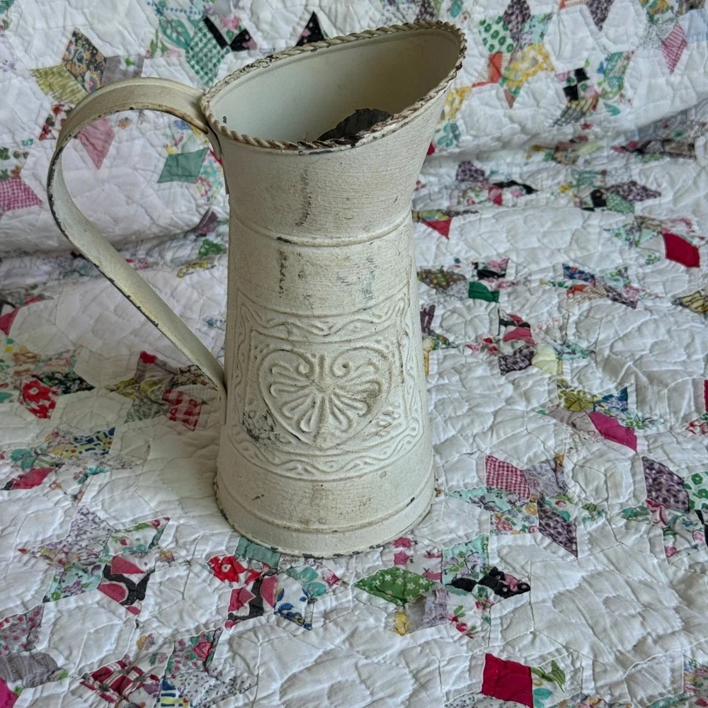 Vintage Style Cream Metal Heart Embossed Pitcher Farmhouse Decorative Vase 9in